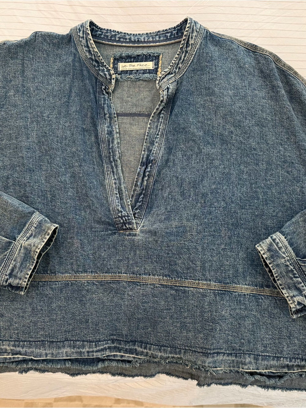 We The Free Distressed Blue Denim Top